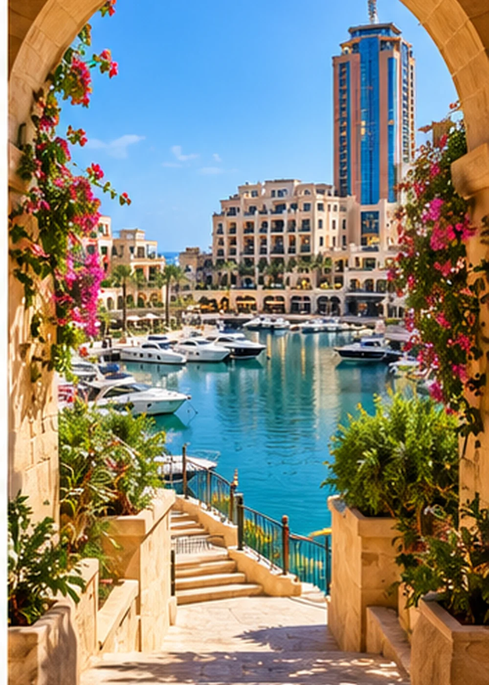 Marina and waterfront residences framed by a limestone arch and flowering plants