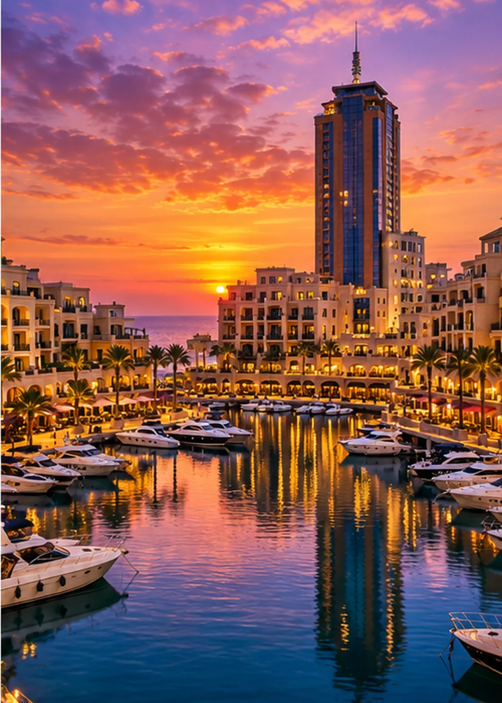 Marina and waterfront residences at sunset with warm lights reflected on the water