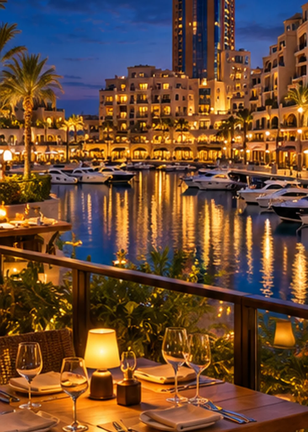 Candlelit dining terrace overlooking yachts and illuminated waterfront residences at dusk