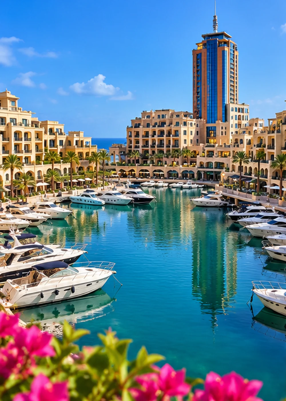 Yachts and waterfront residences beside a blue marina with pink flowers in the foreground